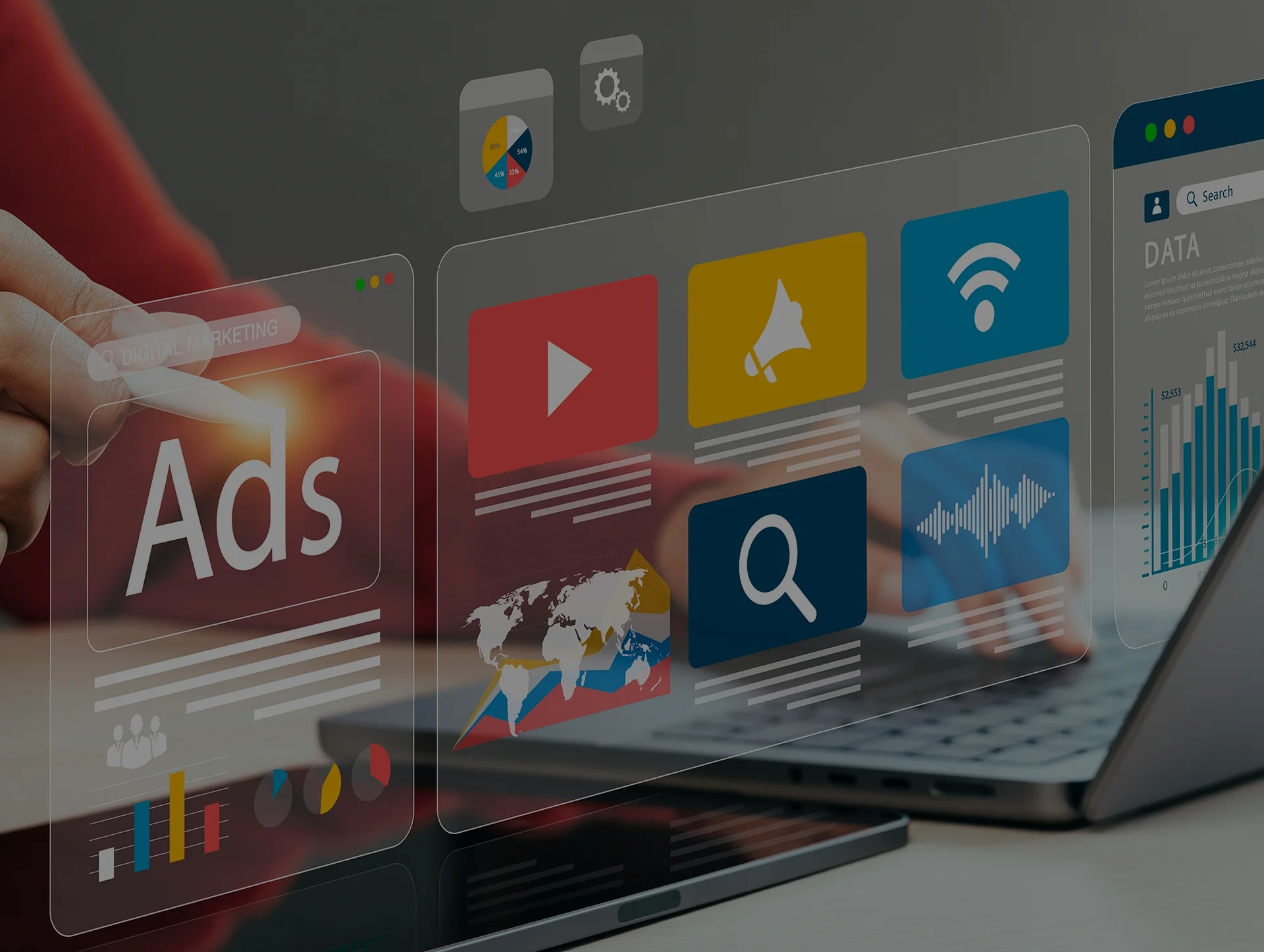 Digital marketing service concept featuring a person interacting with a holographic interface displaying ads, social media, and analytics tools