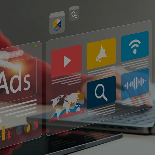 Digital marketing service concept featuring a person interacting with a holographic interface displaying ads, social media, and analytics tools