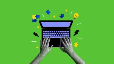 Illustration of hands typing on a laptop with puzzle pieces and lightbulbs, representing PIM Implementation Services and PIM Integration Services