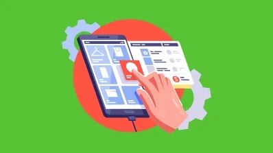 Illustration showing PIM Implementation Services with a hand interacting with a mobile app, symbolizing PIM integration services