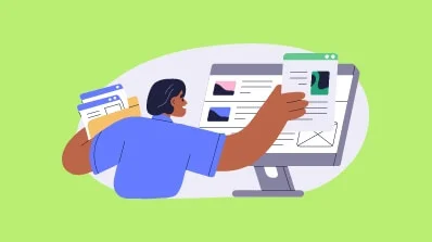 Illustration of a person managing tasks on a computer, symbolizing PIM Implementation Services and PIM integration services in a digital workspace