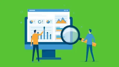Two figures analyzing data on a screen, representing PIM Implementation Services and PIM implementation consultancy for data-driven decision-making