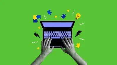 A person typing on a laptop with puzzle pieces and icons floating around, representing PIM Implementation Services and Pimcore digital asset management for efficient workflow