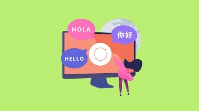 person interacting with a screen displaying multiple language greetings, representing PIM Implementation Services and Pimcore digital asset management for global content management