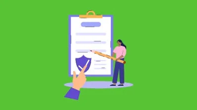 person reviewing a document with a shield icon, symbolizing PIM Implementation Services and Pimcore digital asset management for secure content management