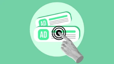 Illustration of a hand clicking on creative banner ads, showcasing digital marketing service strategies for ad engagement