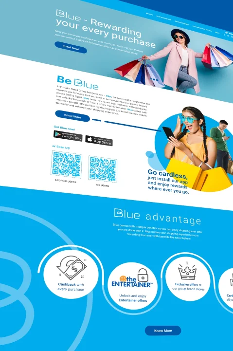 Web designing and development services demonstrated through an engaging B2C brand website for the Blue rewards program, showcasing app features and benefits