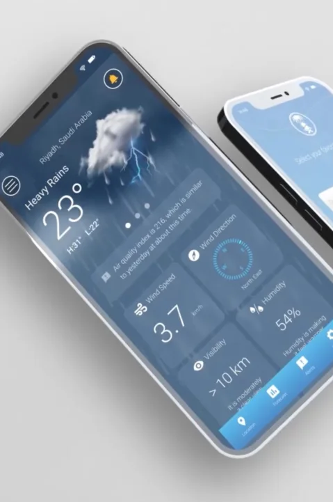 Weather app interface on mobile phones, showcasing mobile app development company for responsive mobile applications