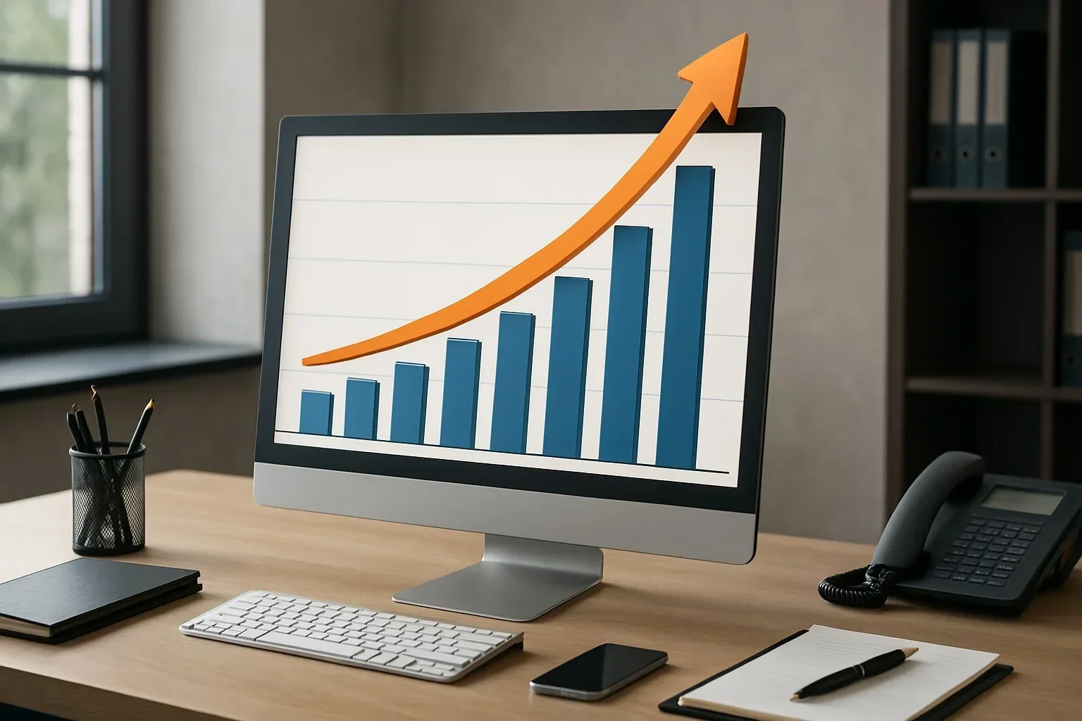 An office workspace with a computer displaying a graph showing growth, symbolizing success in search optimization services
