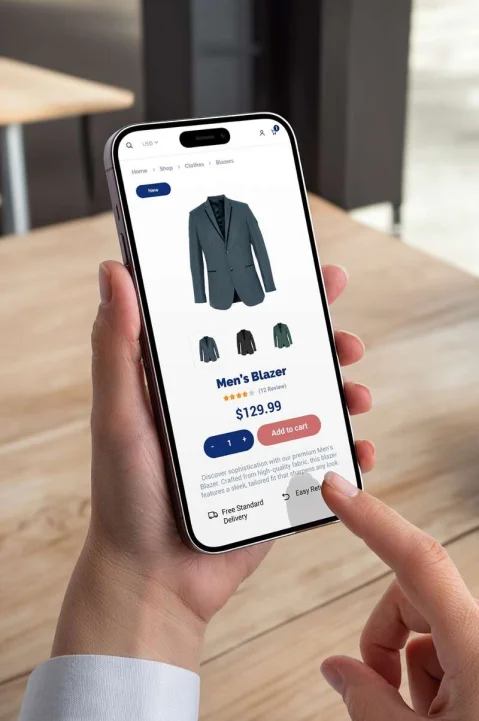 Mobile showing shopping of men's blazer on an ecommerce site optimized by an ecommerce SEO company