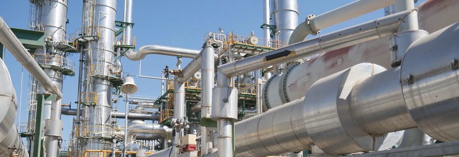 Large-scale oil refinery with complex steel pipes and tall distillation towers