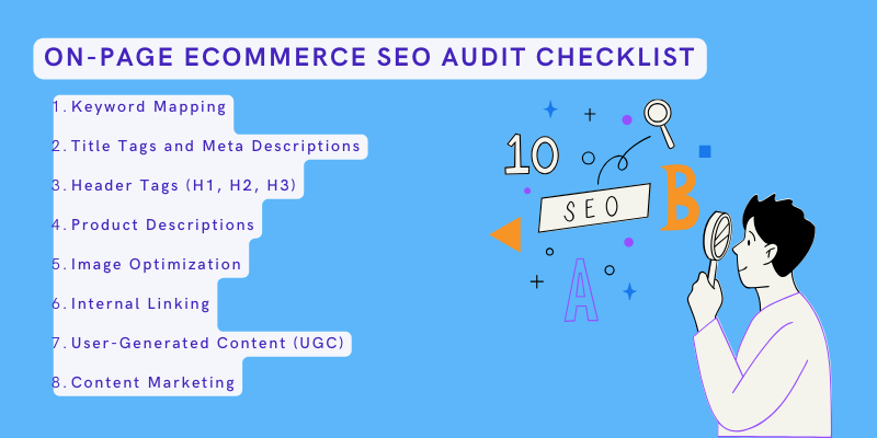 Infographic showing the On-page eCommerce SEO audit checklist