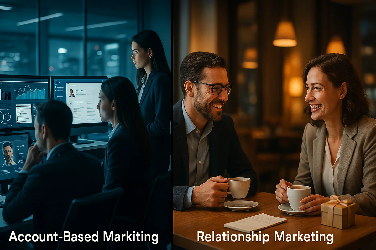The image contrasts Account-Based Marketing (ABM) (left) with Relationship Marketing (right)