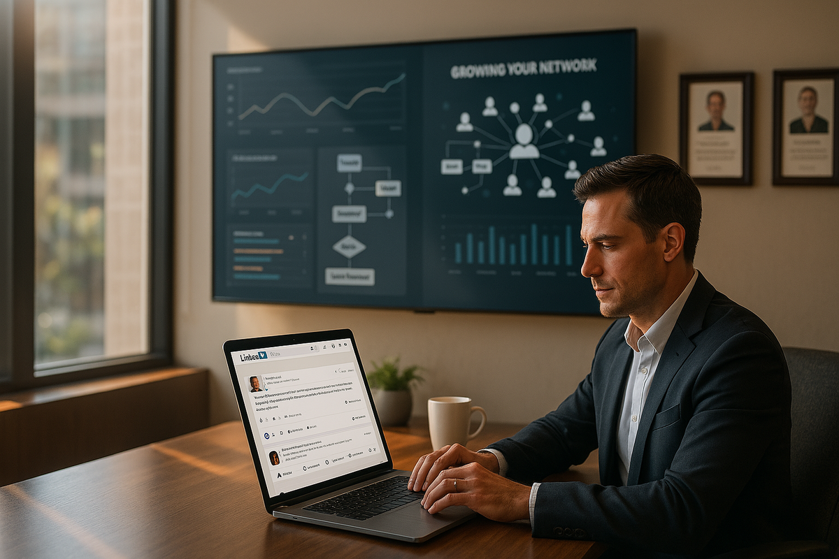A professional working on a laptop with LinkedIn open, analyzing network growth data and business analytics.
