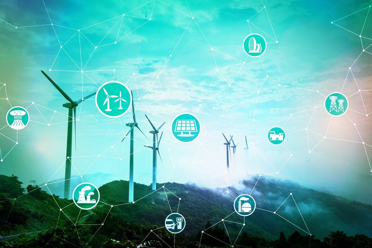 Wind turbines on a foggy mountain landscape with interconnected icons
